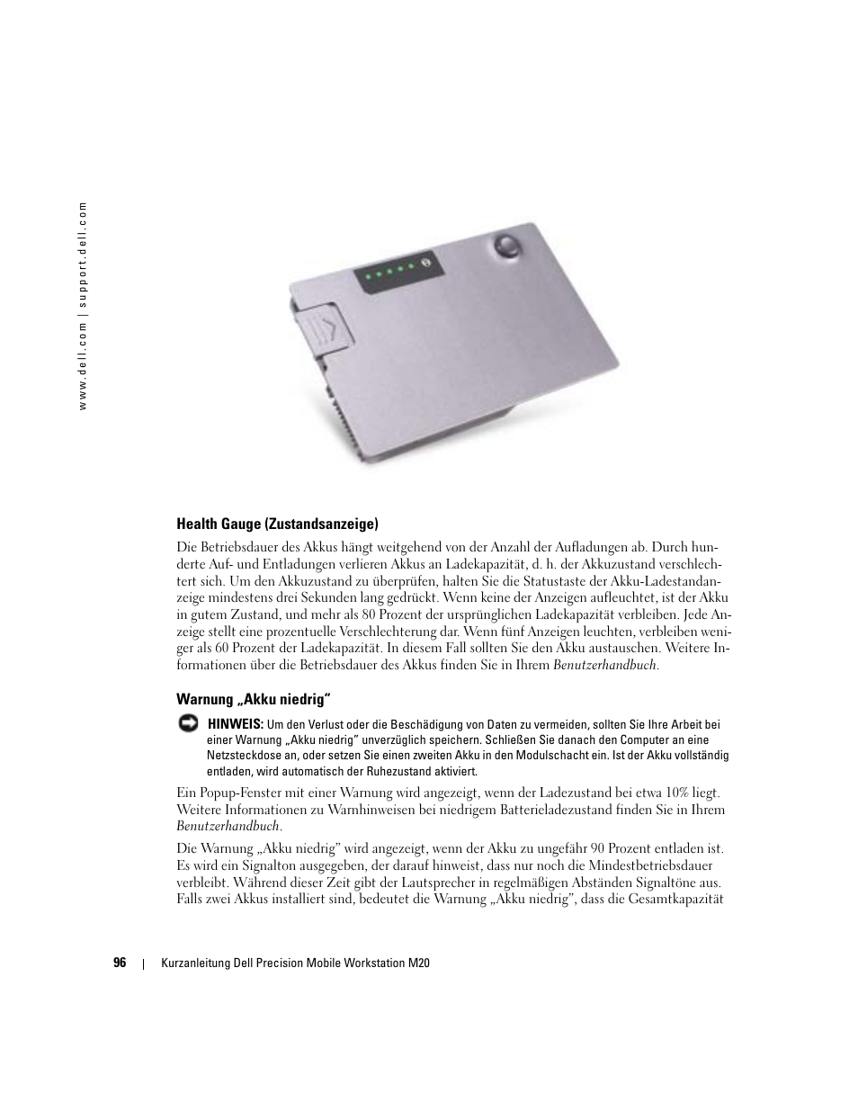 Health gauge (zustandsanzeige), Warnung „akku niedrig | Dell Precision M20 User Manual | Page 96 / 168