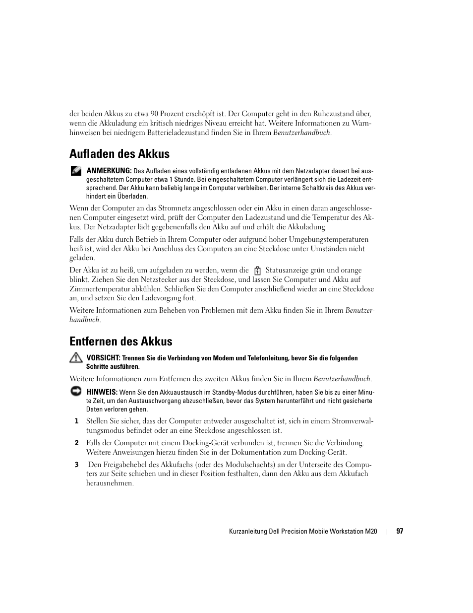 Aufladen des akkus, Entfernen des akkus | Dell Precision M20 User Manual | Page 97 / 168