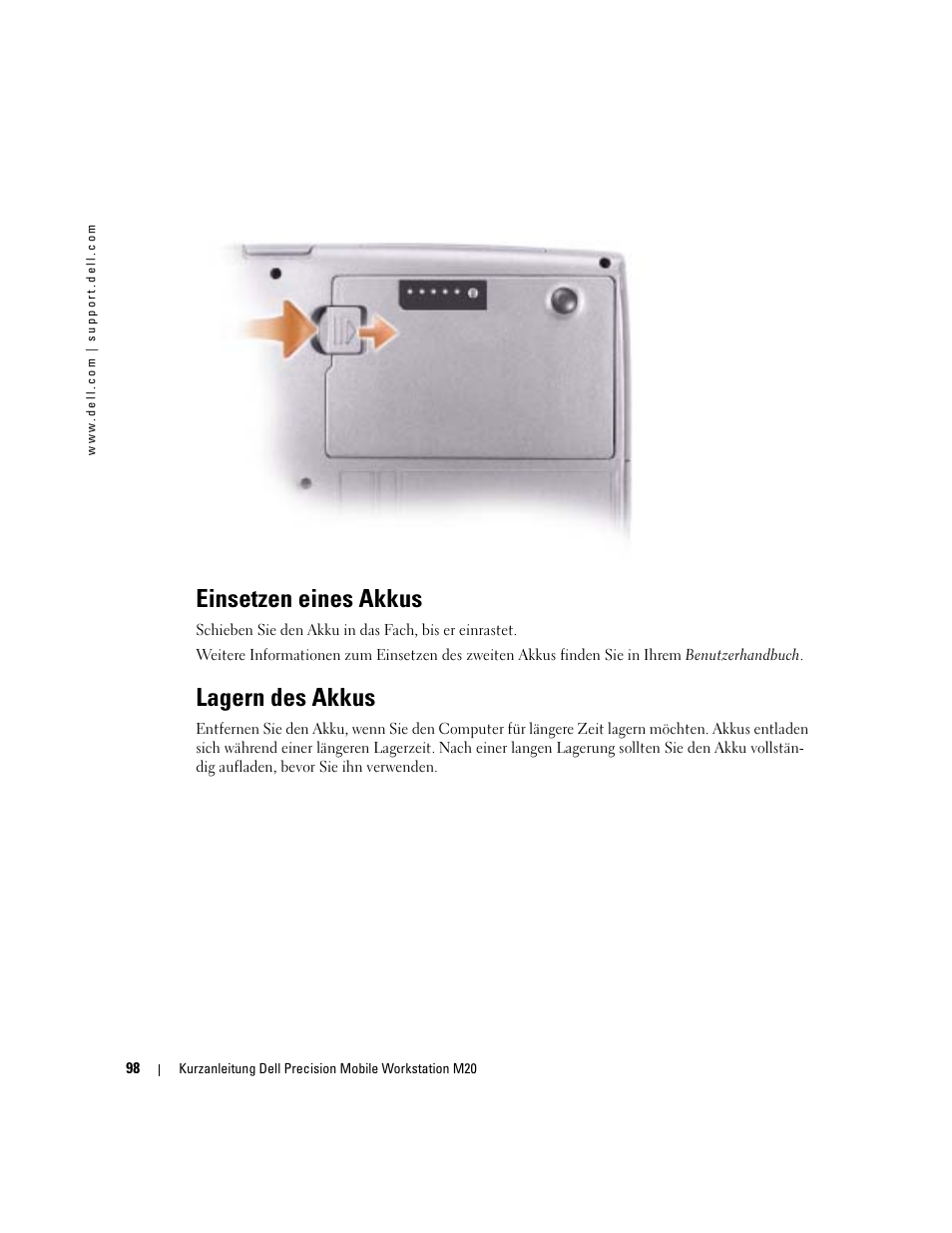 Einsetzen eines akkus, Lagern des akkus | Dell Precision M20 User Manual | Page 98 / 168