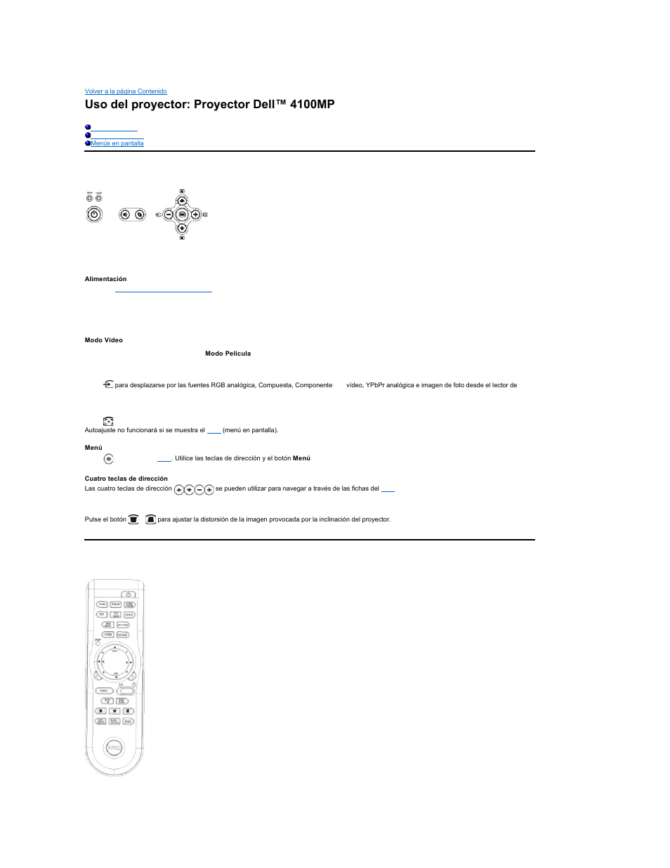 Uso del proyector: proyector dell™ 4100mp, Panel de control, Mando a distancia | Dell Projector 4100MP User Manual | Page 32 / 47