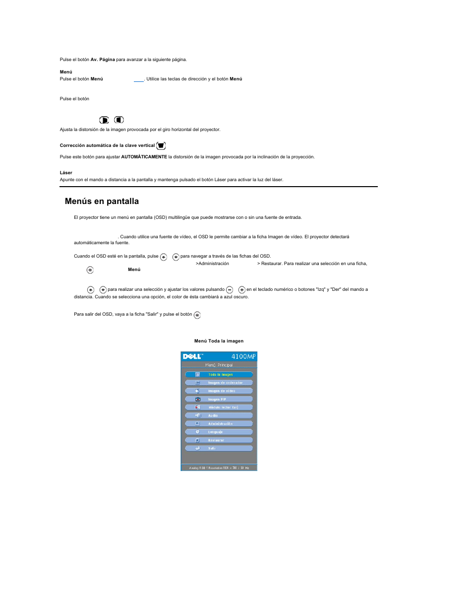 Menús en pantalla, Menú en pantalla), Para activar el | Dell Projector 4100MP User Manual | Page 34 / 47
