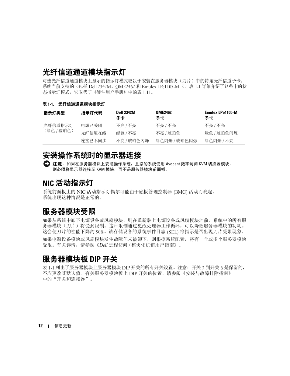 光纤信道通道模块指示灯, 安装操作系统时的显示器连接, Nic 活动指示灯 | 服务器模块受限, 服务器模块板 dip 开关 | Dell POWEREDGE 1955 User Manual | Page 14 / 58