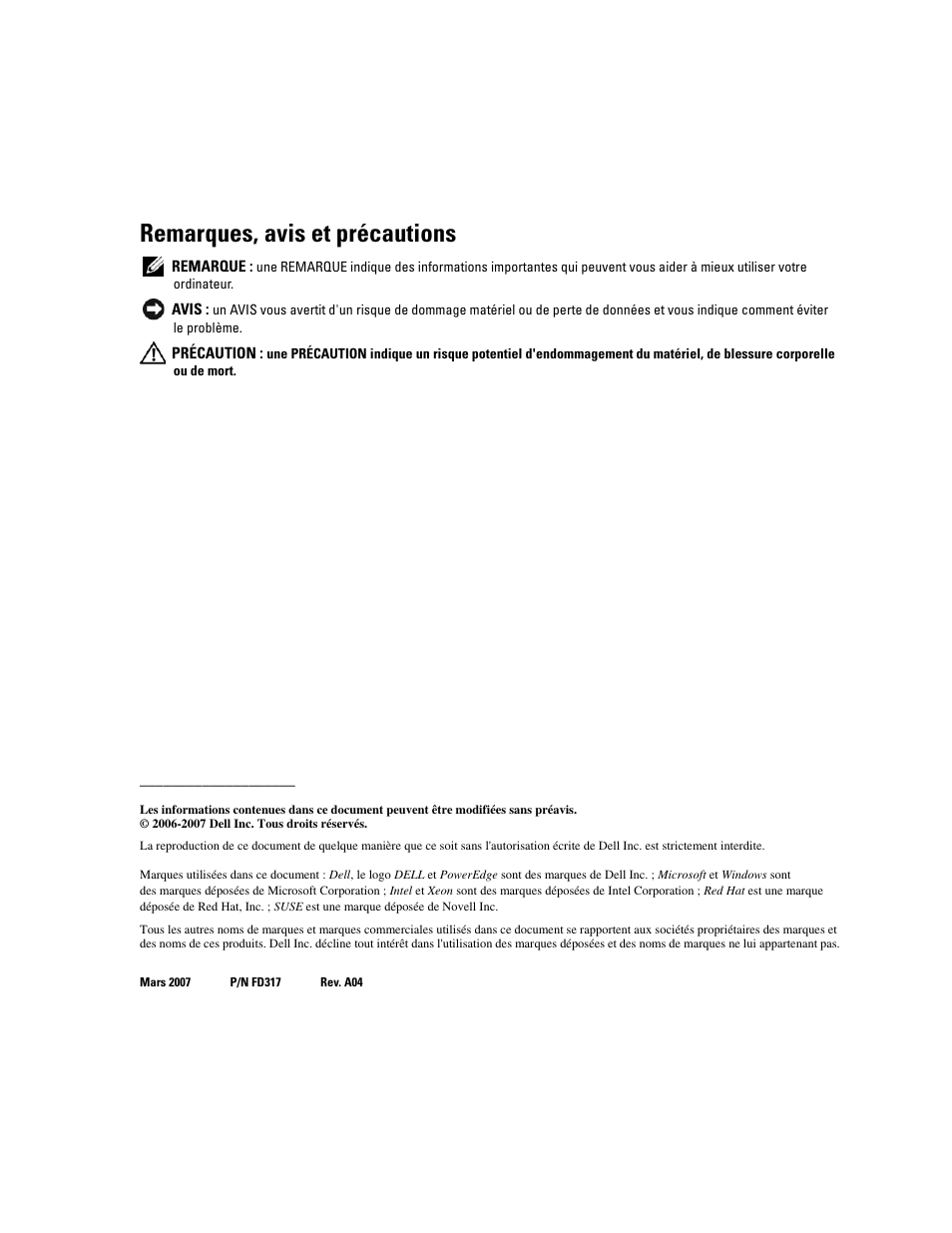 Remarques, avis et précautions | Dell POWEREDGE 1955 User Manual | Page 20 / 58