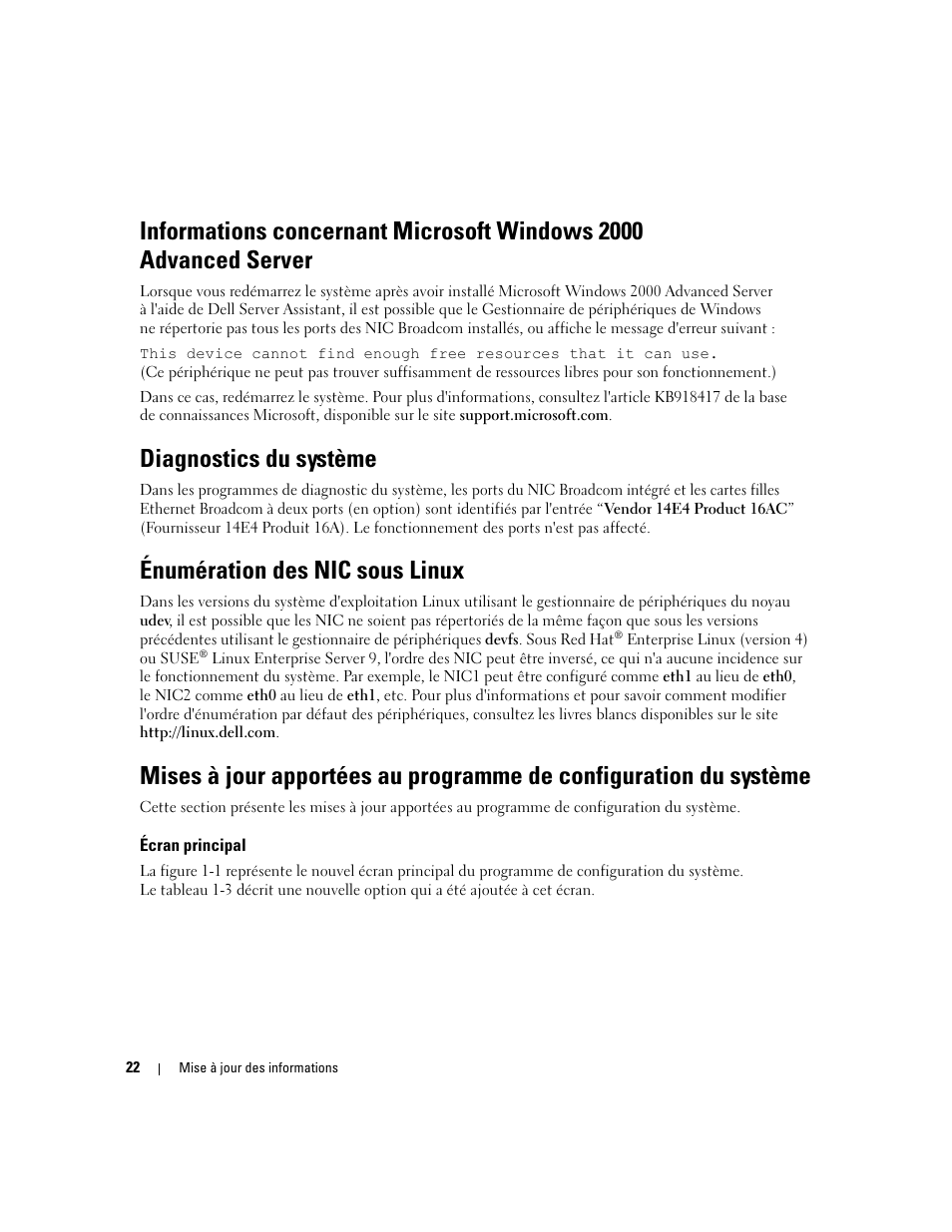 Diagnostics du système, Énumération des nic sous linux, Écran principal | Beschränkungen beim nic-teaming | Dell POWEREDGE 1955 User Manual | Page 24 / 58