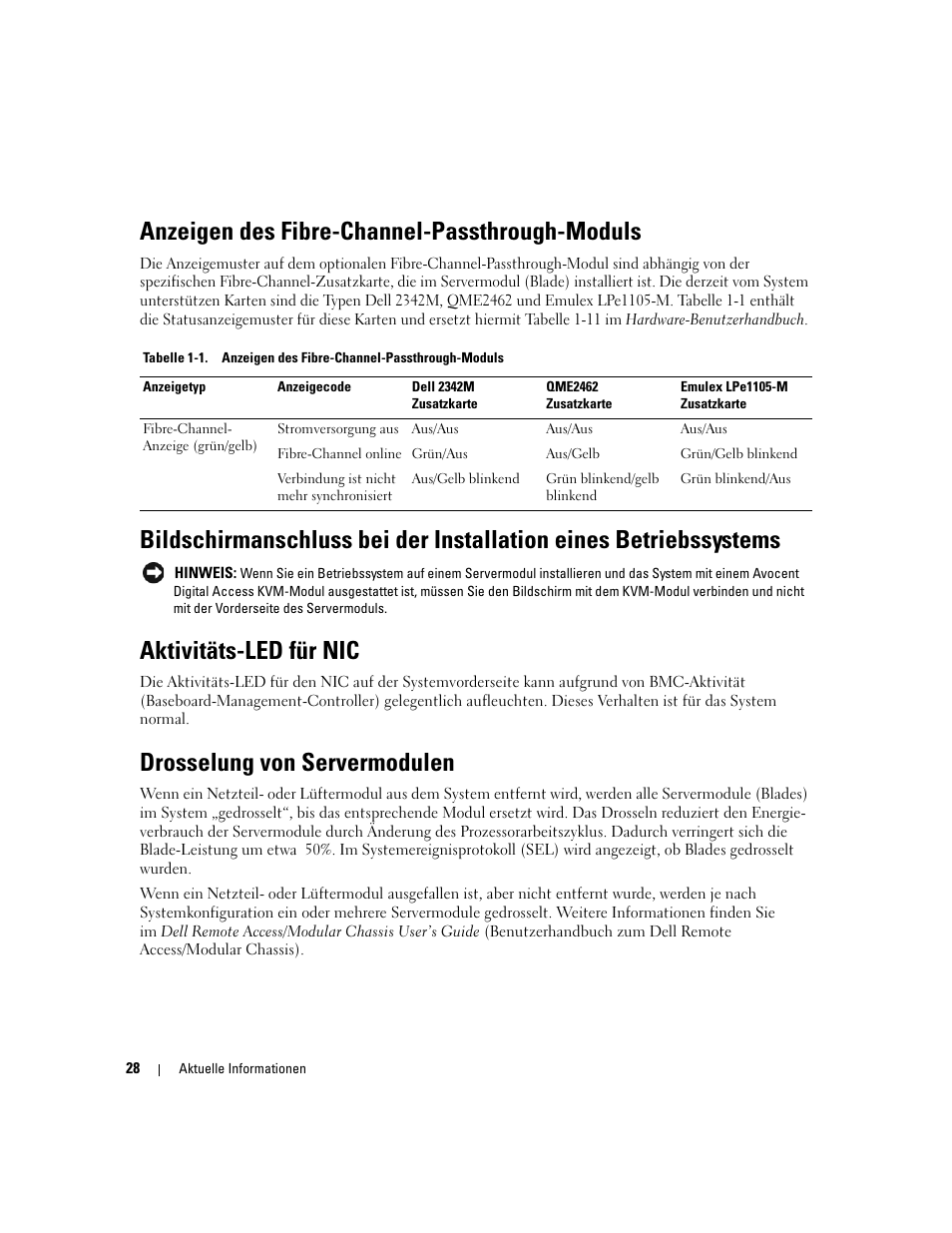 Anzeigen des fibre-channel-passthrough-moduls, Aktivitäts-led für nic, Drosselung von servermodulen | Dell POWEREDGE 1955 User Manual | Page 30 / 58