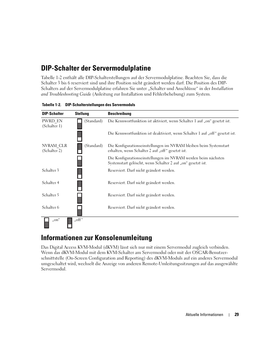 Dip-schalter der servermodulplatine, Informationen zur konsolenumleitung | Dell POWEREDGE 1955 User Manual | Page 31 / 58