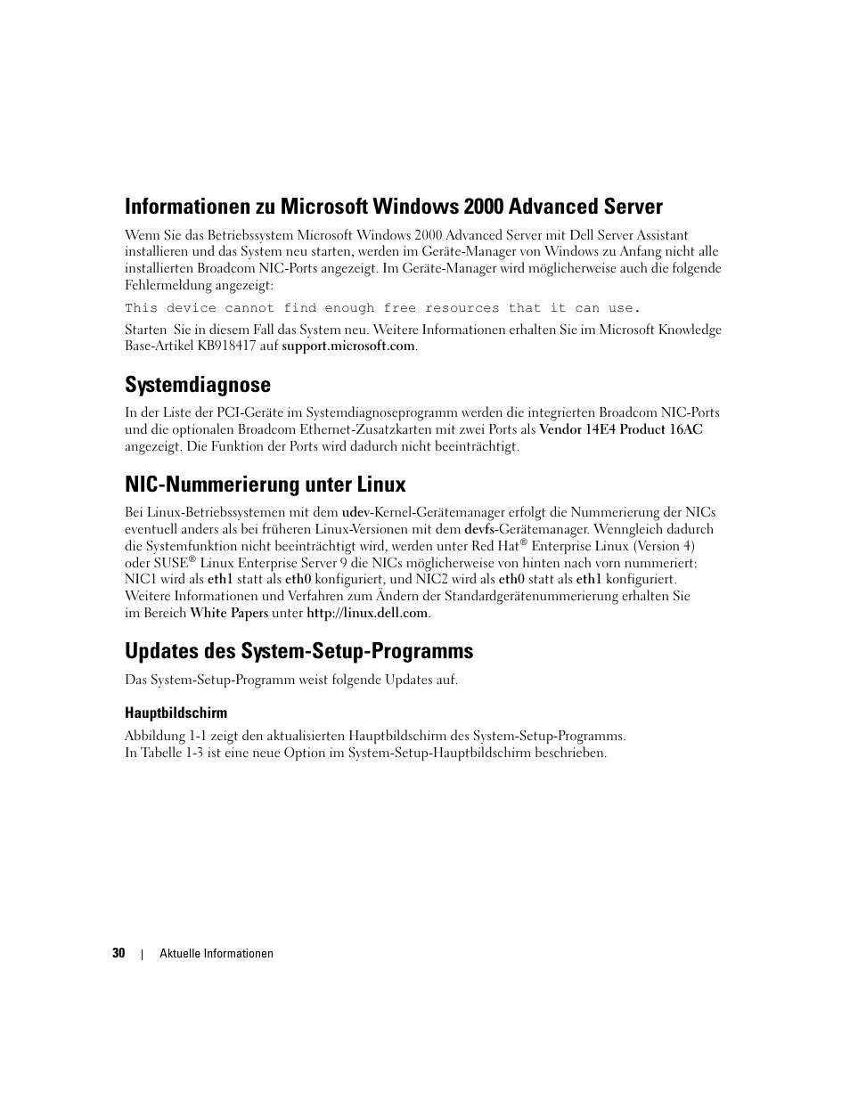 Systemdiagnose, Nic-nummerierung unter linux, Updates des system-setup-programms | Hauptbildschirm, Enumeración de nic en linux | Dell POWEREDGE 1955 User Manual | Page 32 / 58