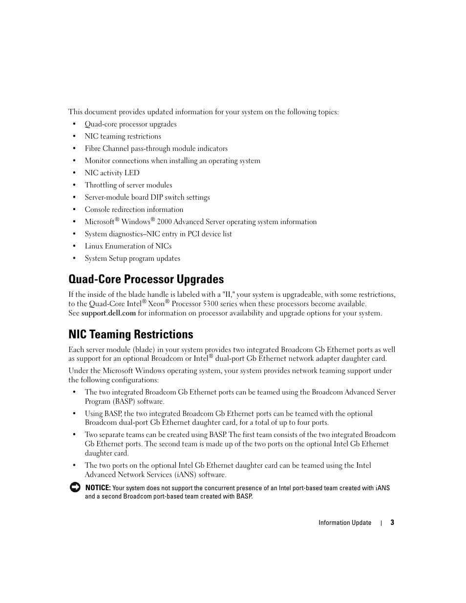 Quad-core processor upgrades, Nic teaming restrictions | Dell POWEREDGE 1955 User Manual | Page 5 / 58