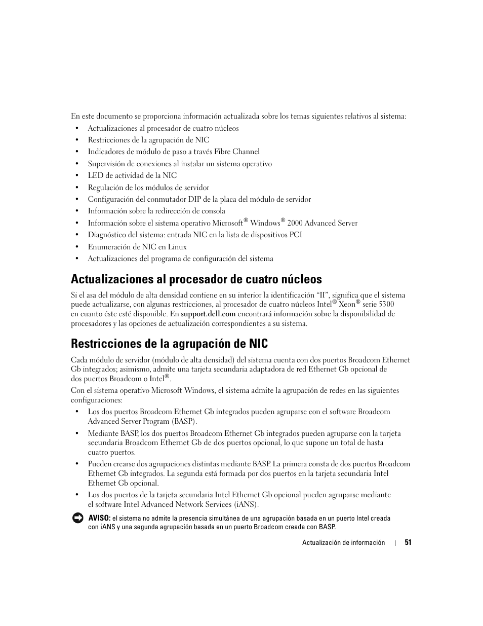 Actualizaciones al procesador de cuatro núcleos, Restricciones de la agrupación de nic | Dell POWEREDGE 1955 User Manual | Page 53 / 58