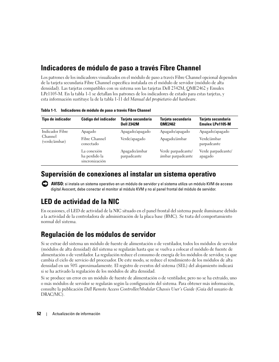 Led de actividad de la nic, Regulación de los módulos de servidor | Dell POWEREDGE 1955 User Manual | Page 54 / 58