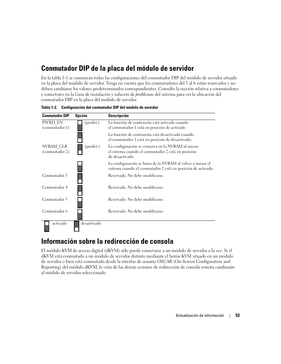 Conmutador dip de la placa del módulo de servidor, Información sobre la redirección de consola | Dell POWEREDGE 1955 User Manual | Page 55 / 58