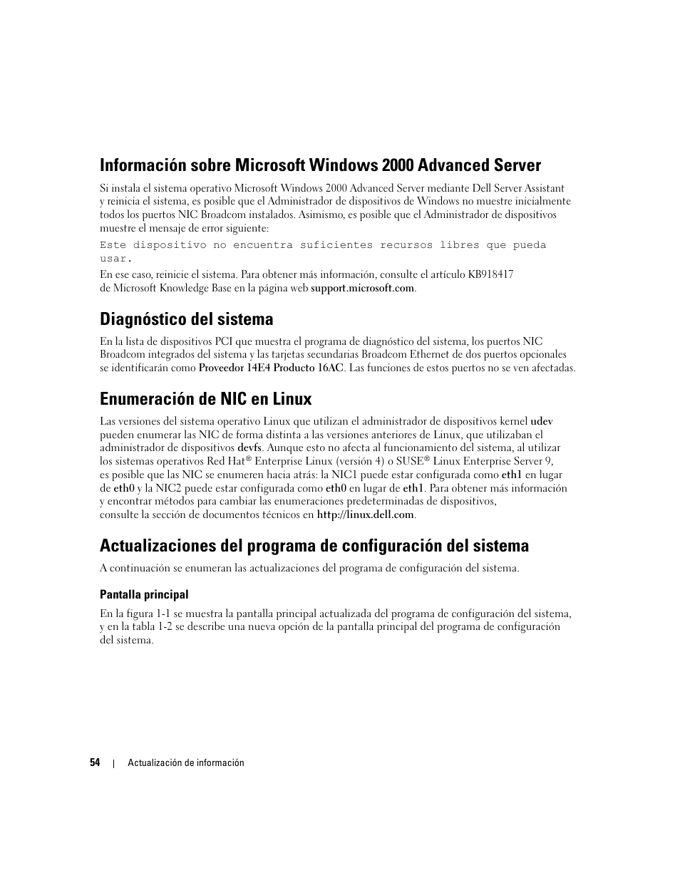 Diagnóstico del sistema, Pantalla principal, Enumeración de nic en linux | Dell POWEREDGE 1955 User Manual | Page 56 / 58