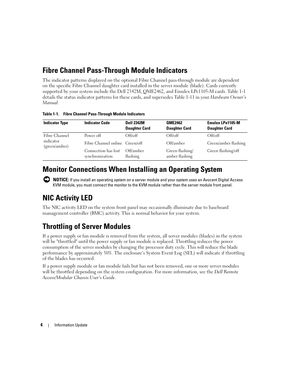 Fibre channel pass-through module indicators, Nic activity led, Throttling of server modules | Dell POWEREDGE 1955 User Manual | Page 6 / 58