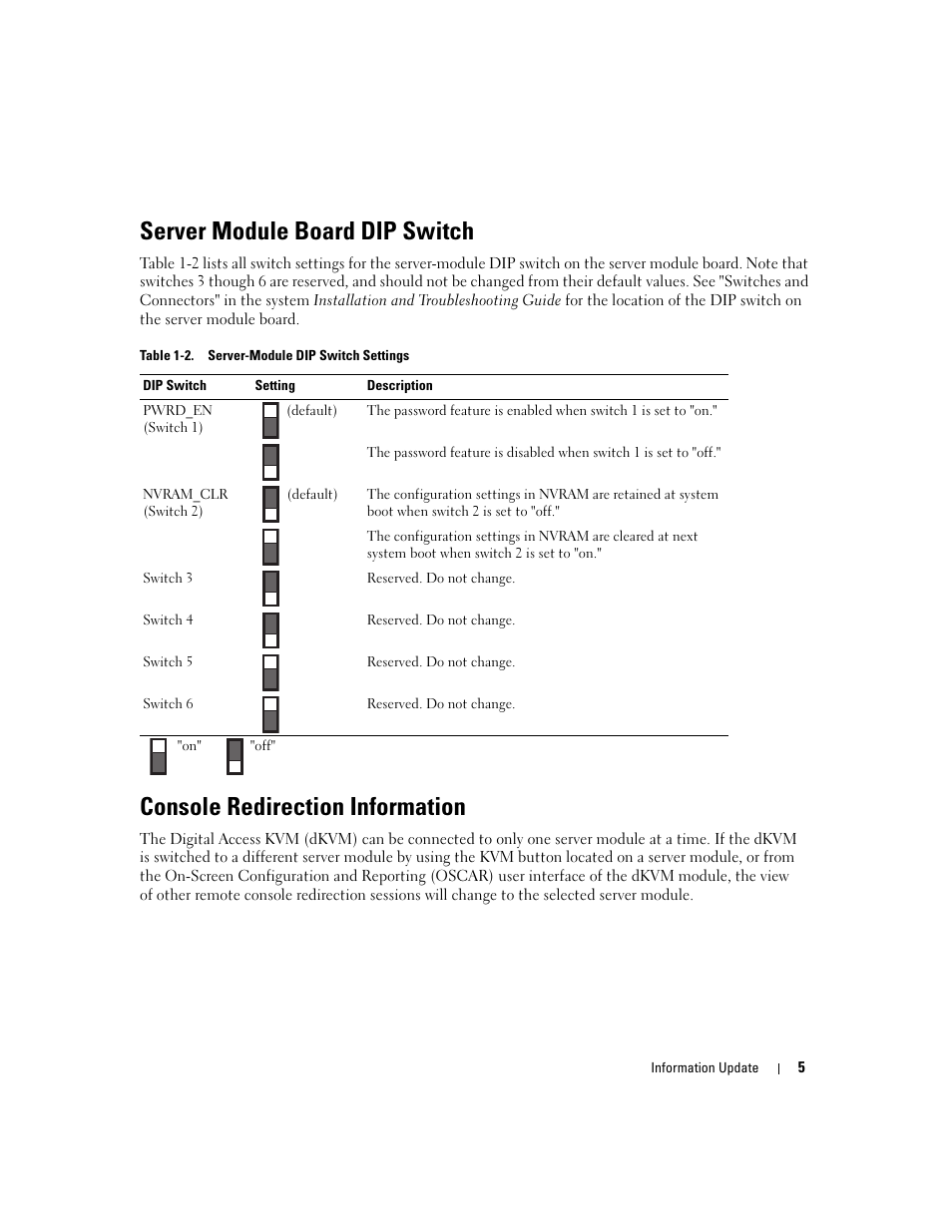 Server module board dip switch, Console redirection information | Dell POWEREDGE 1955 User Manual | Page 7 / 58