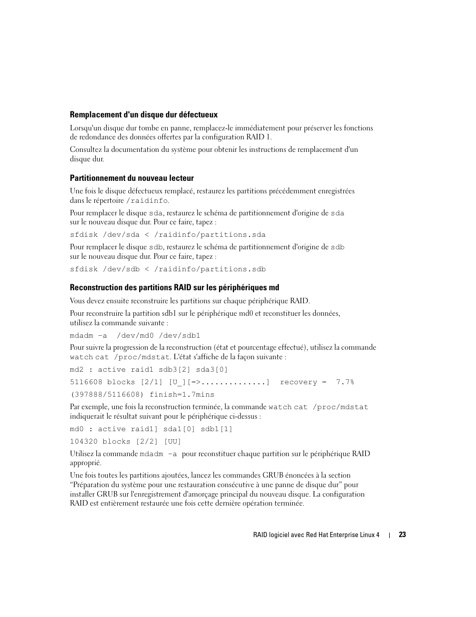 Remplacement d'un disque dur défectueux, Partitionnement du nouveau lecteur | Dell Software RAID with Red Hat Enterprise Linux4 User Manual | Page 25 / 58