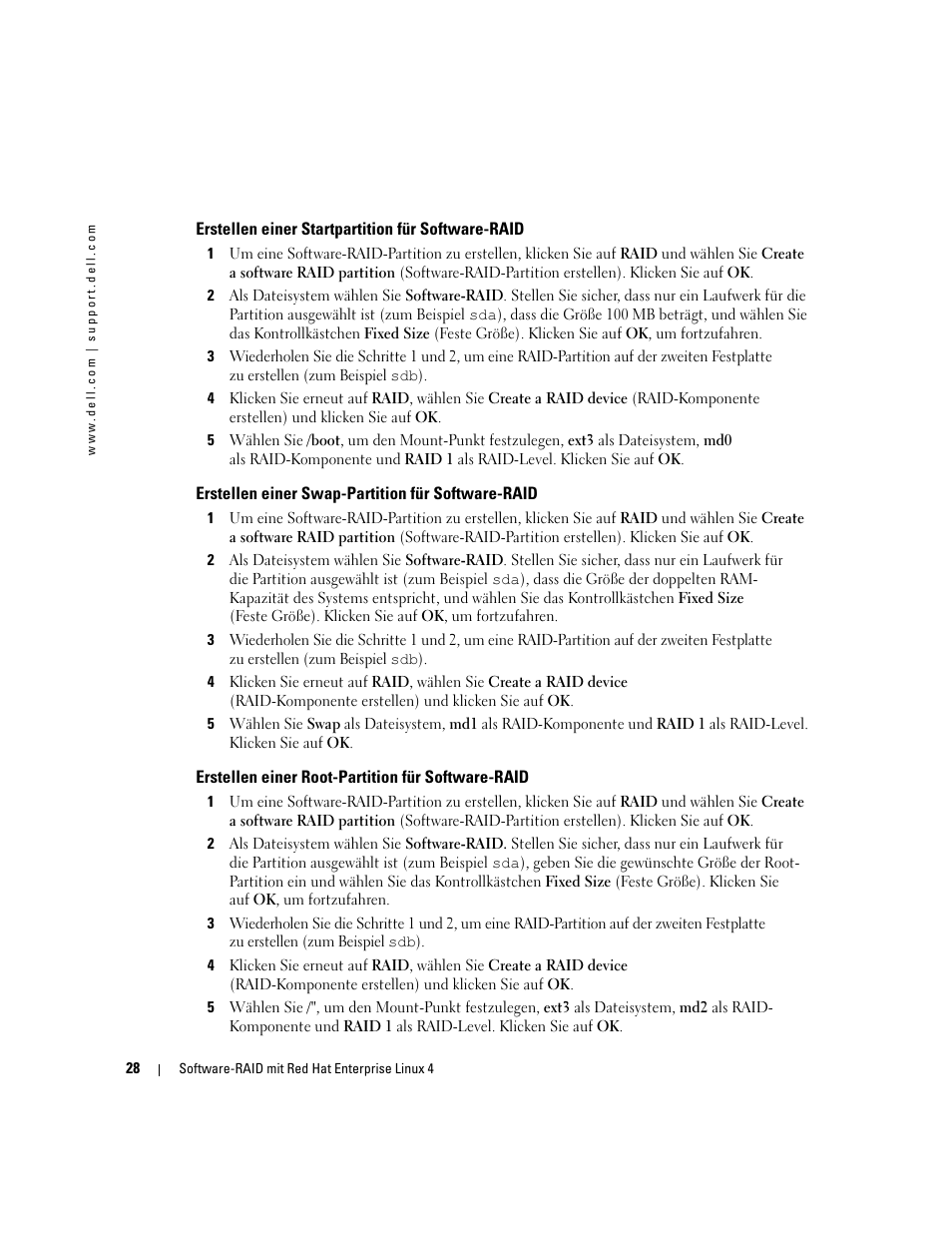 Erstellen einer startpartition für software-raid, Erstellen einer swap-partition für software-raid, Erstellen einer root-partition für software-raid | Dell Software RAID with Red Hat Enterprise Linux4 User Manual | Page 30 / 58