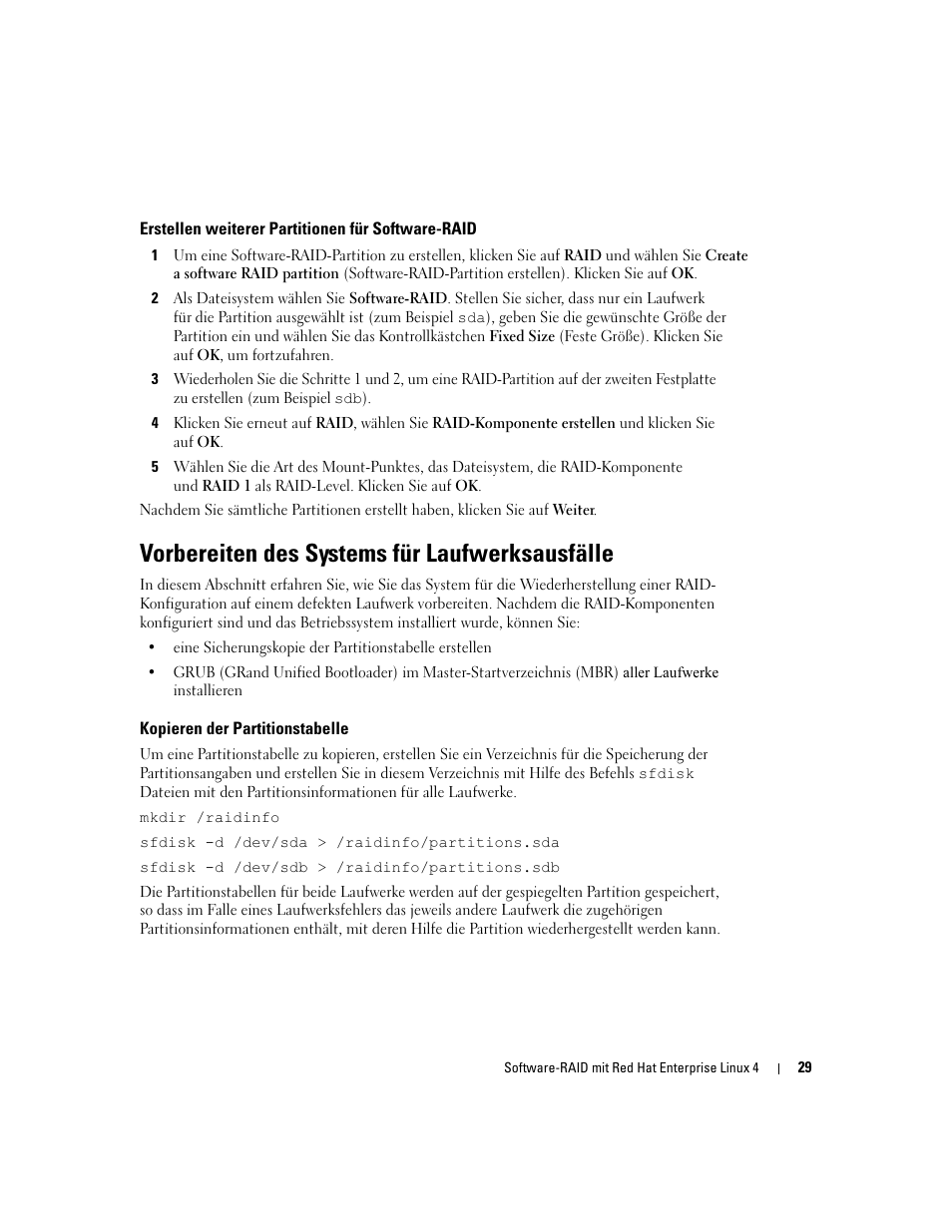 Erstellen weiterer partitionen für software-raid, Vorbereiten des systems für laufwerksausfälle, Kopieren der partitionstabelle | Dell Software RAID with Red Hat Enterprise Linux4 User Manual | Page 31 / 58