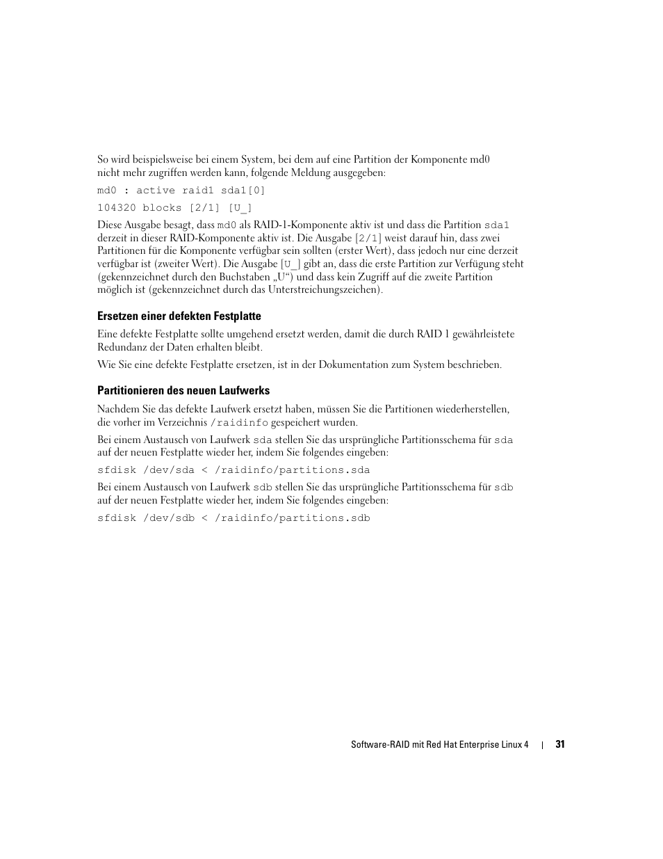 Ersetzen einer defekten festplatte, Partitionieren des neuen laufwerks | Dell Software RAID with Red Hat Enterprise Linux4 User Manual | Page 33 / 58