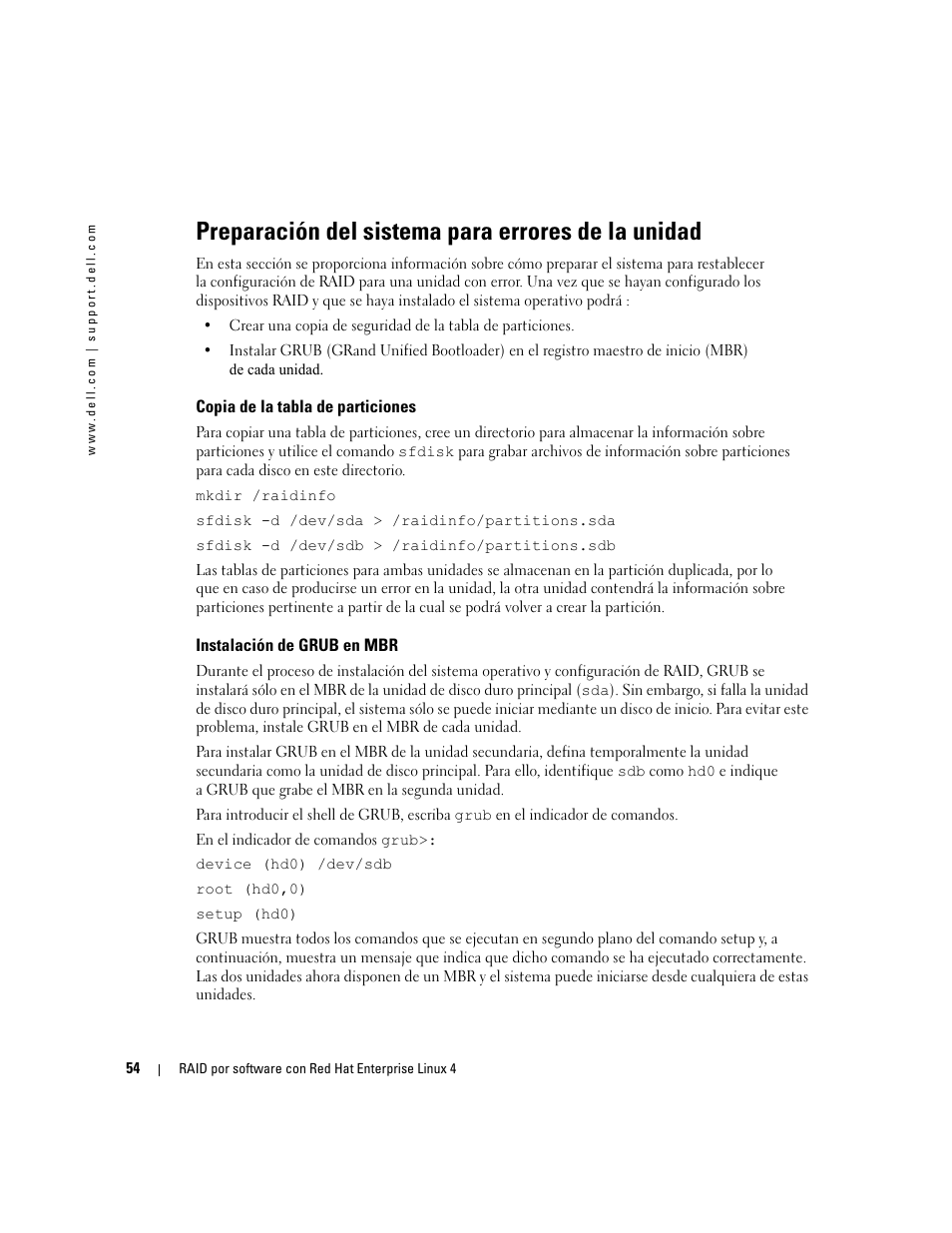 Preparación del sistema para errores de la unidad, Copia de la tabla de particiones, Instalación de grub en mbr | Dell Software RAID with Red Hat Enterprise Linux4 User Manual | Page 56 / 58