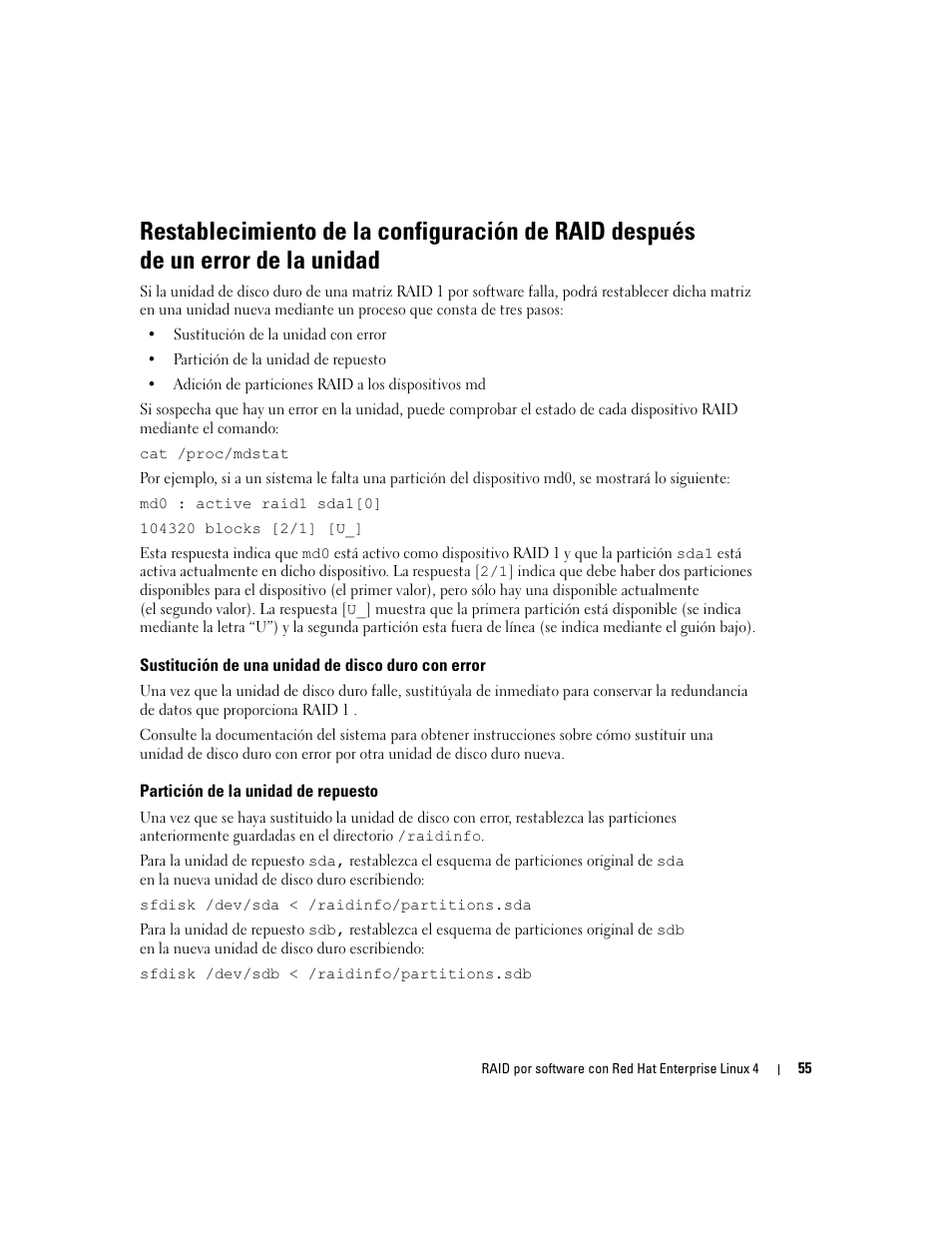 Sustitución de una unidad de disco duro con error, Partición de la unidad de repuesto | Dell Software RAID with Red Hat Enterprise Linux4 User Manual | Page 57 / 58