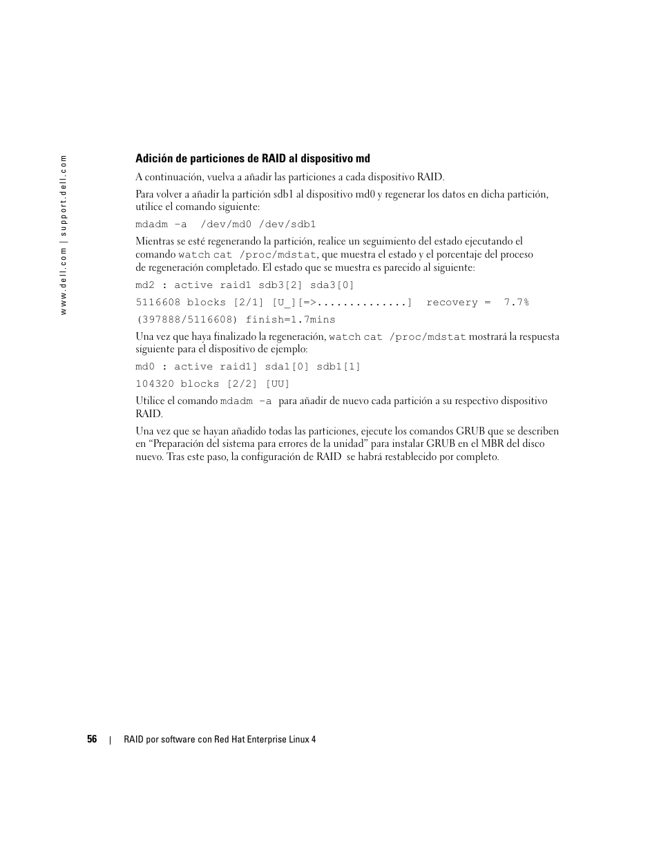 Adición de particiones de raid al dispositivo md | Dell Software RAID with Red Hat Enterprise Linux4 User Manual | Page 58 / 58