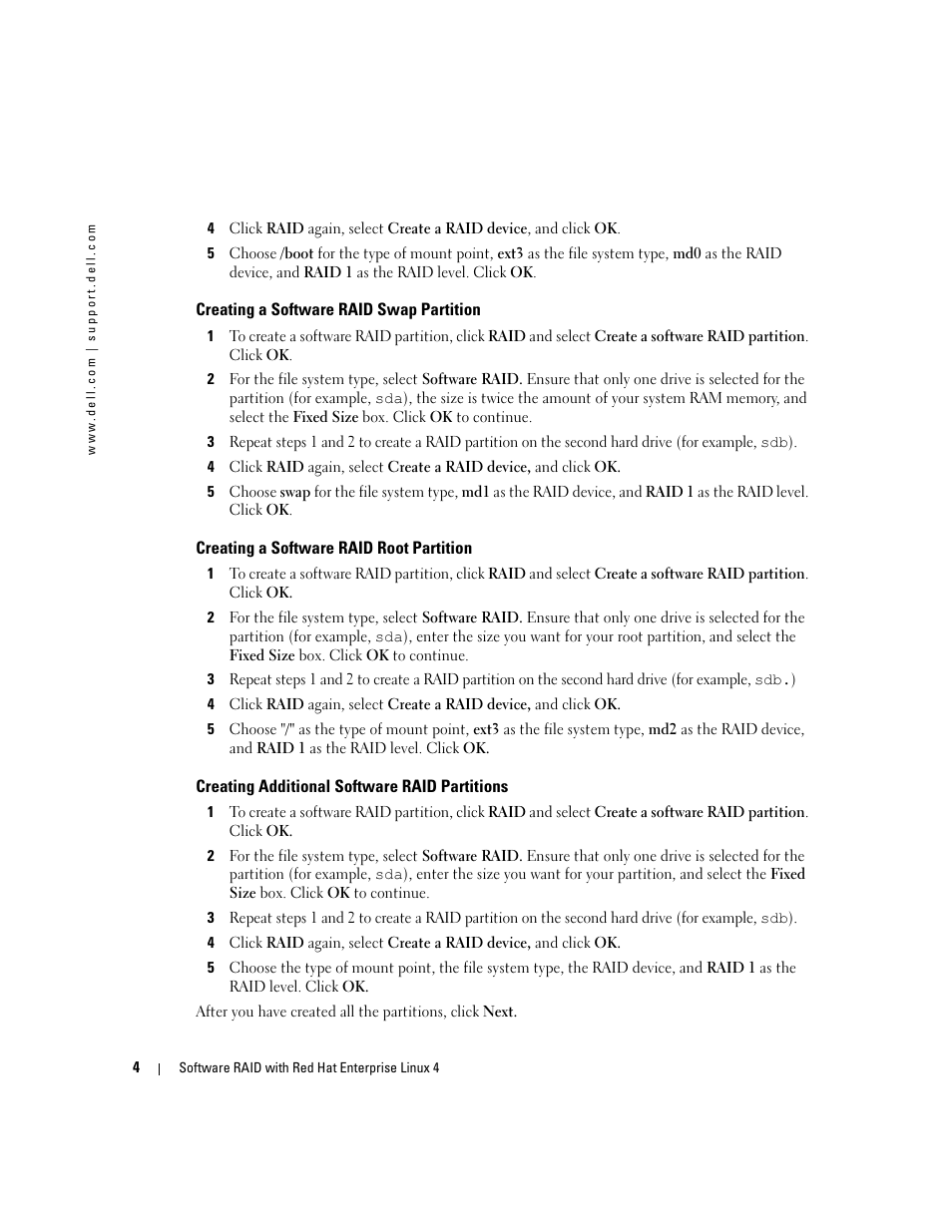 Creating a software raid swap partition, Creating a software raid root partition, Creating additional software raid partitions | Dell Software RAID with Red Hat Enterprise Linux4 User Manual | Page 6 / 58