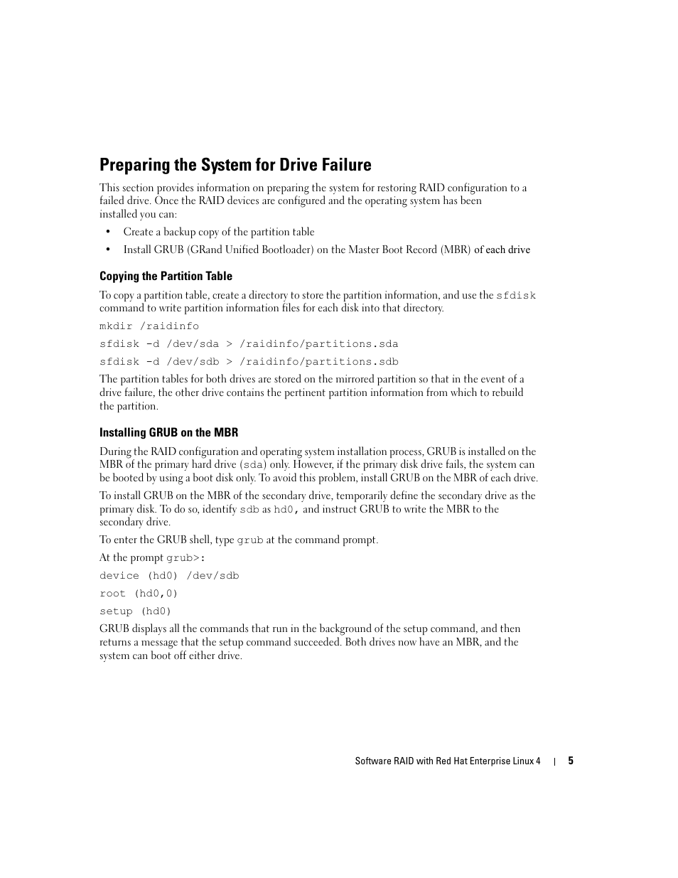 Preparing the system for drive failure, Copying the partition table, Installing grub on the mbr | Dell Software RAID with Red Hat Enterprise Linux4 User Manual | Page 7 / 58