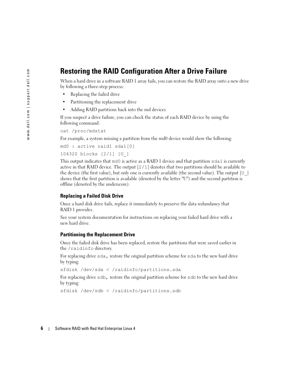 Replacing a failed disk drive, Partitioning the replacement drive | Dell Software RAID with Red Hat Enterprise Linux4 User Manual | Page 8 / 58