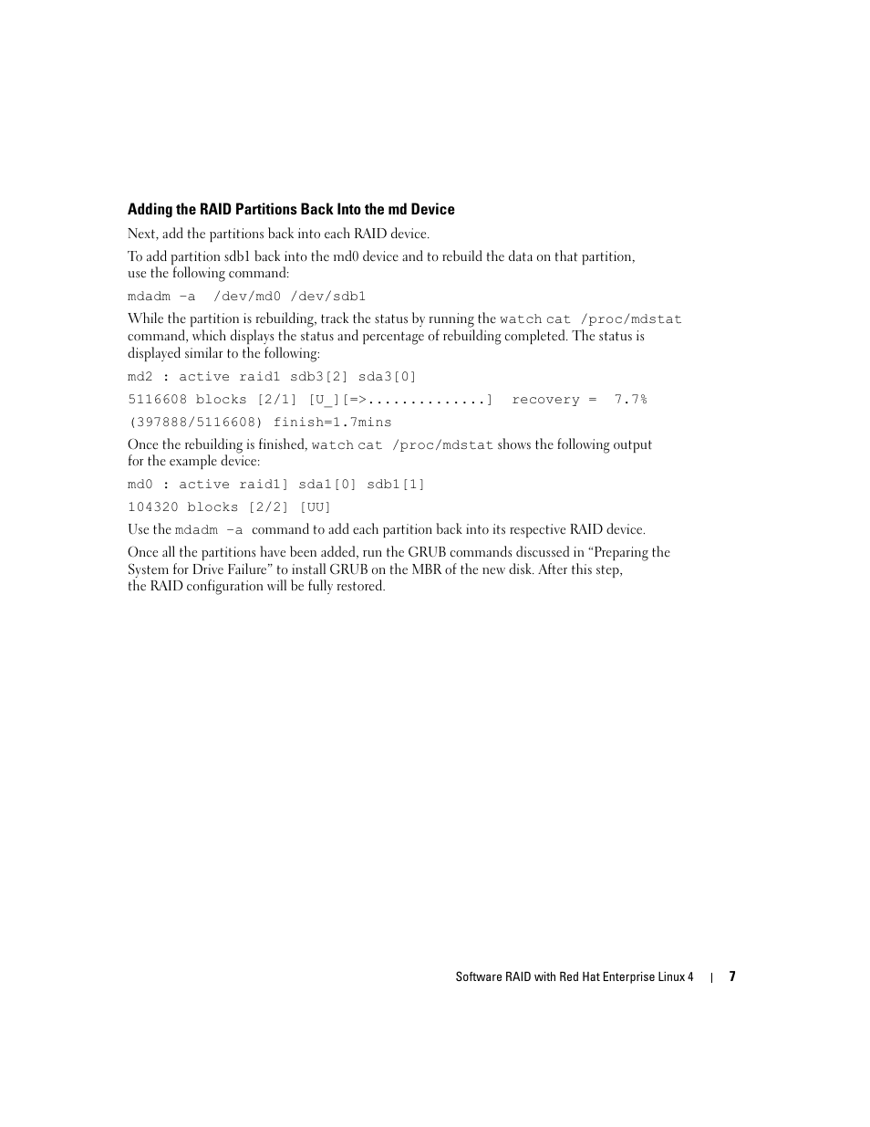 Adding the raid partitions back into the md device | Dell Software RAID with Red Hat Enterprise Linux4 User Manual | Page 9 / 58