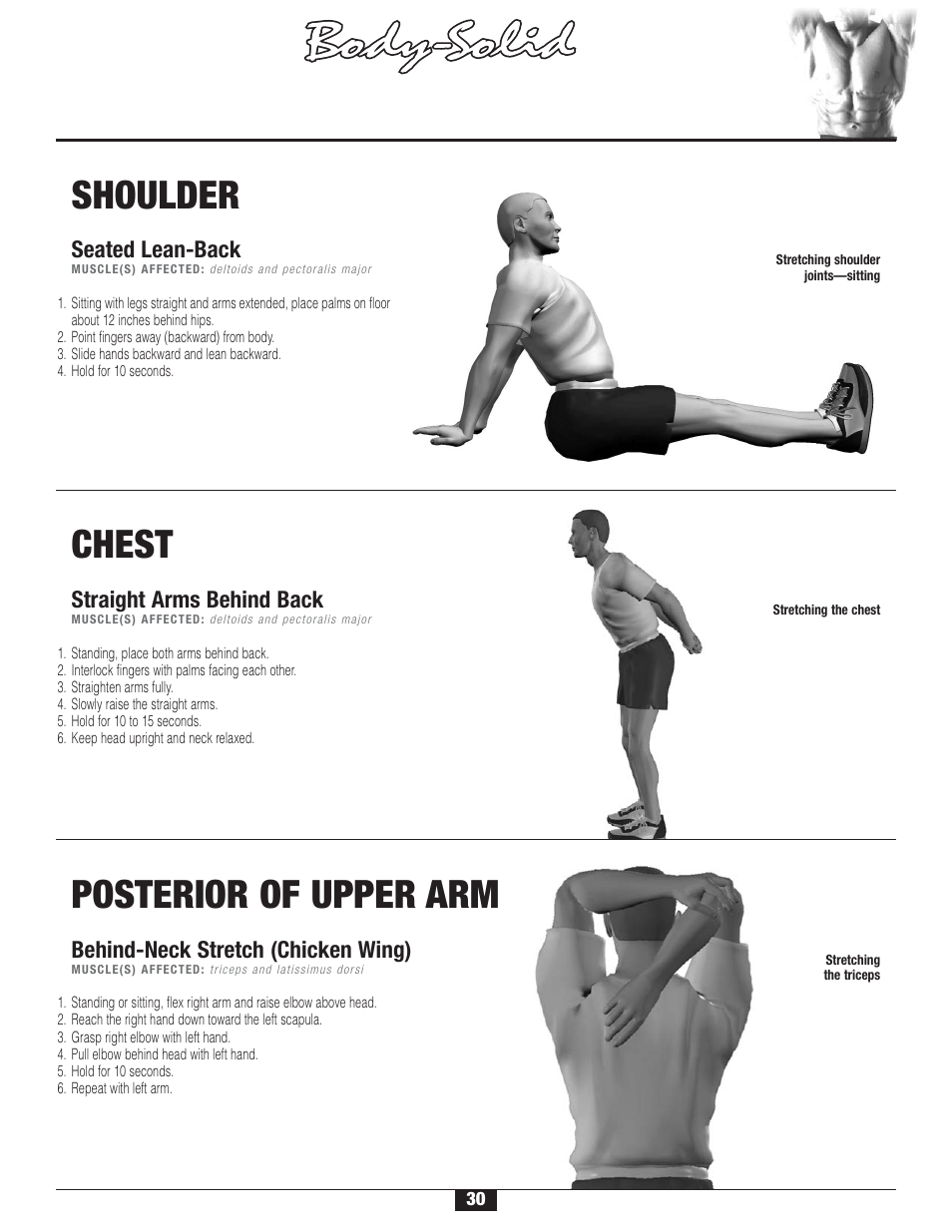 S t r etching, Warm-up/cool-down | Body Solid FID 46 User Manual | Page 31 / 46