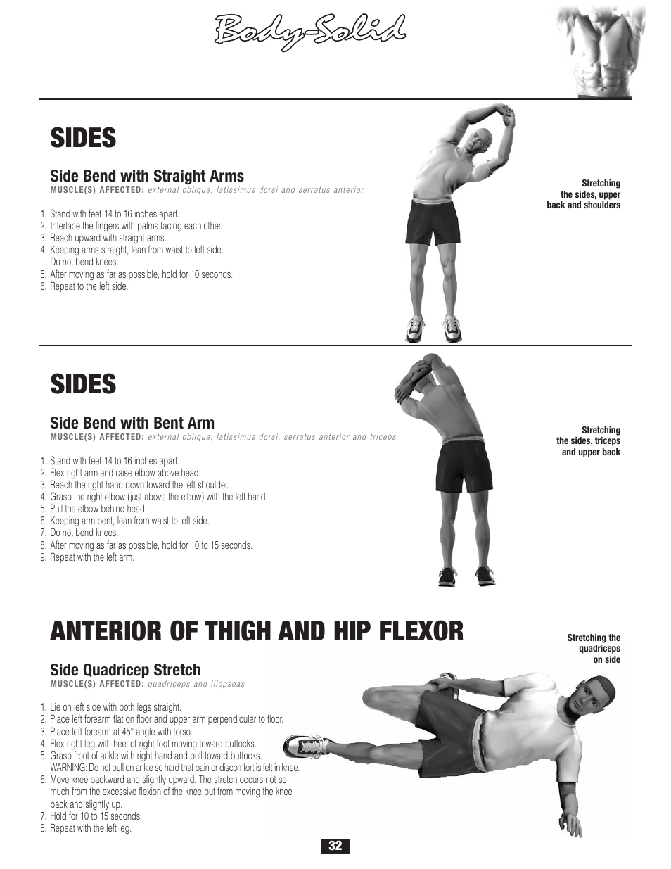 S t r etching, Warm-up/cool-down, Sides | Anterior of thigh and hip flexor | Body Solid FID 46 User Manual | Page 33 / 46