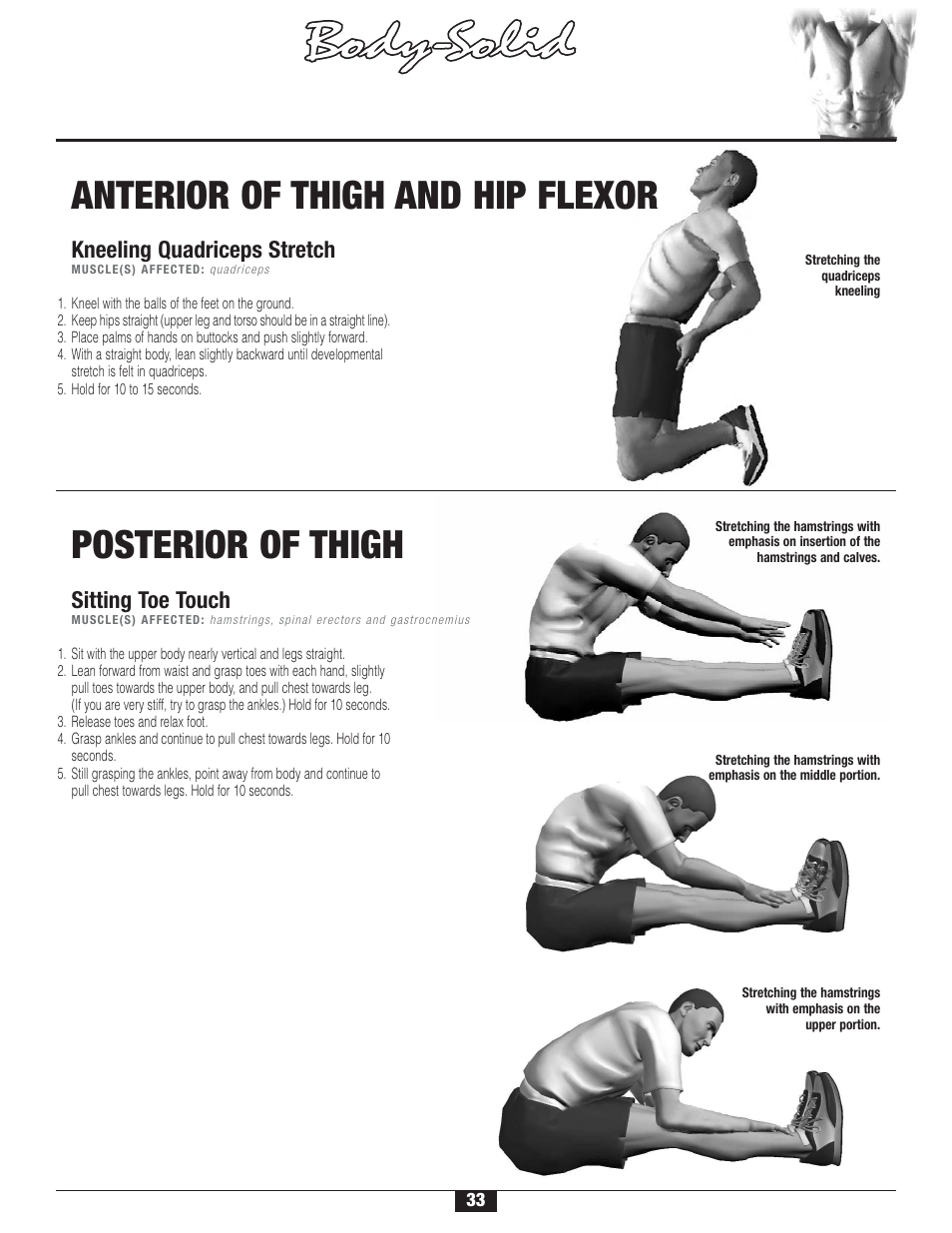 S t r etching, Warm-up/cool-down, Anterior of thigh and hip flexor | Posterior of thigh | Body Solid FID 46 User Manual | Page 34 / 46