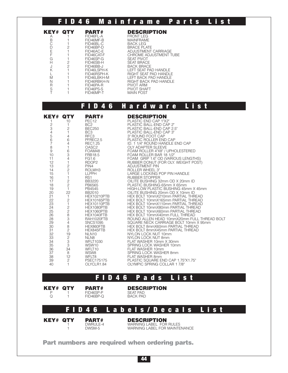 Part numbers are required when ordering parts, Key# qty part# description | Body Solid FID 46 User Manual | Page 45 / 46