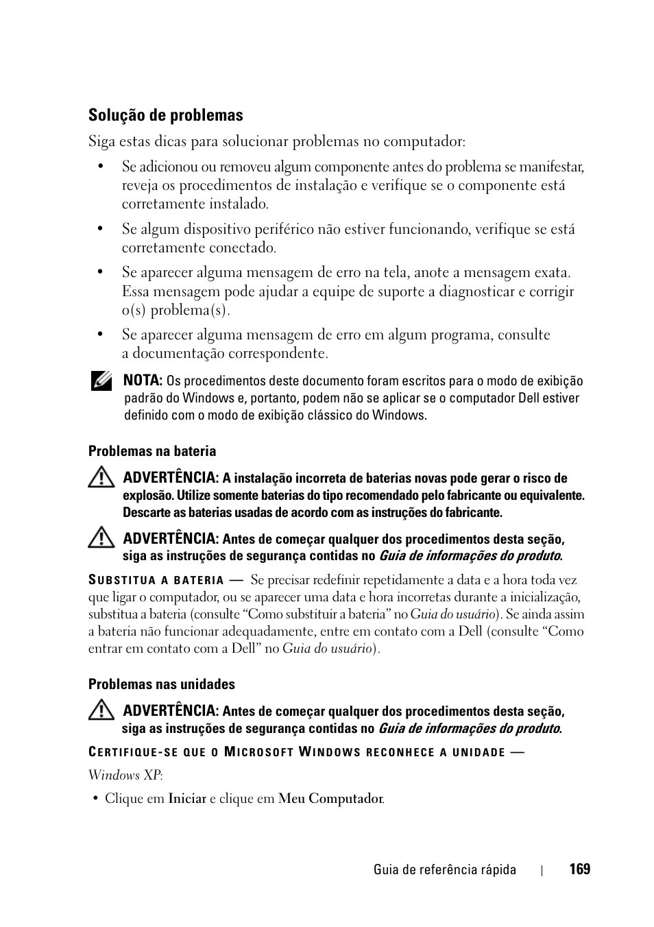 Solução de problemas | Dell Precision T5400 (Late 2007) User Manual | Page 169 / 258