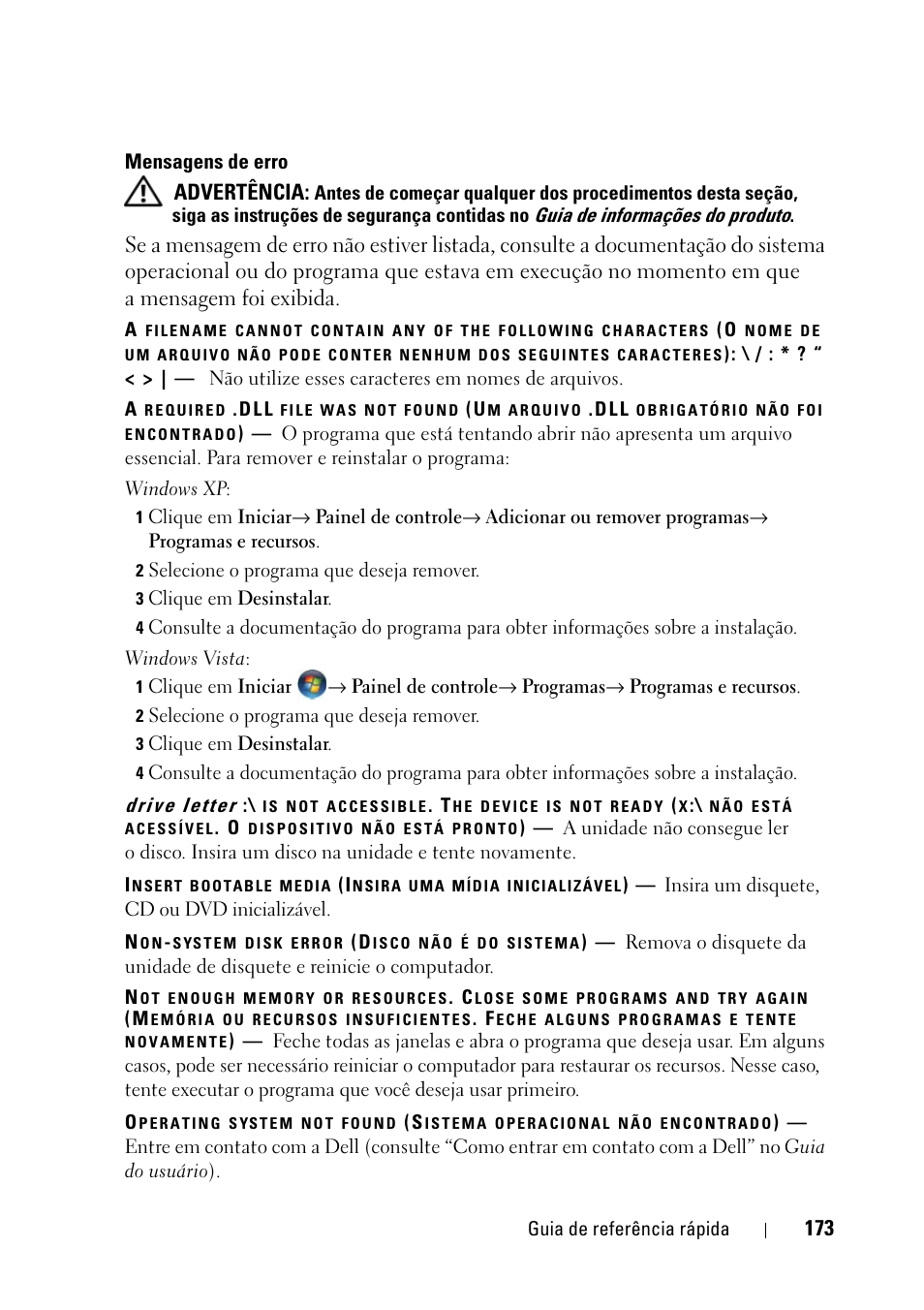 Advertência | Dell Precision T5400 (Late 2007) User Manual | Page 173 / 258