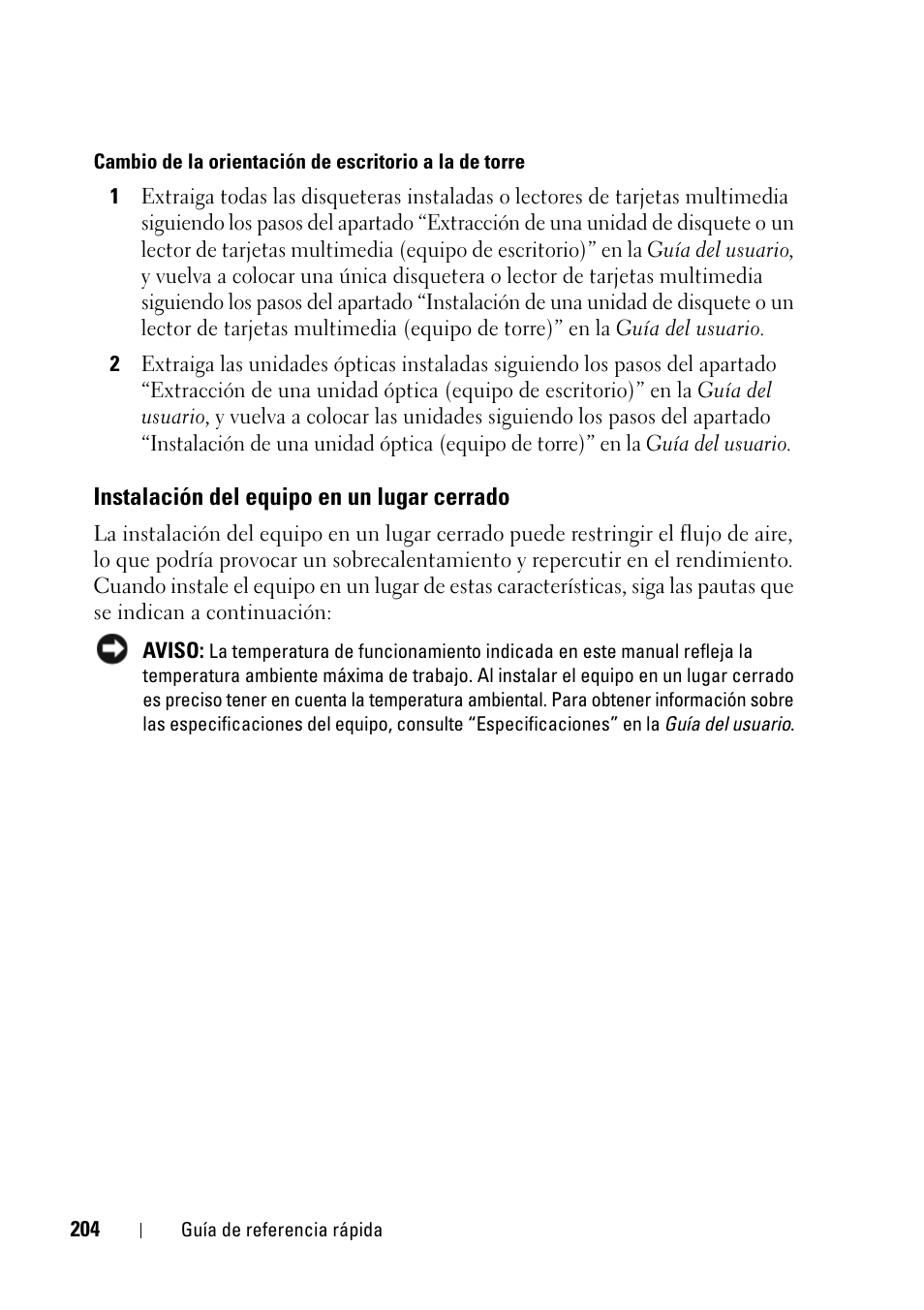 Instalación del equipo en un lugar cerrado | Dell Precision T5400 (Late 2007) User Manual | Page 204 / 258