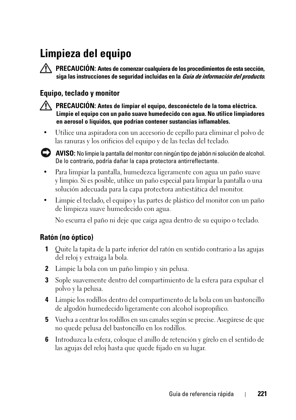 Limpieza del equipo, Equipo, teclado y monitor, Ratón (no óptico) | Dell Precision T5400 (Late 2007) User Manual | Page 221 / 258