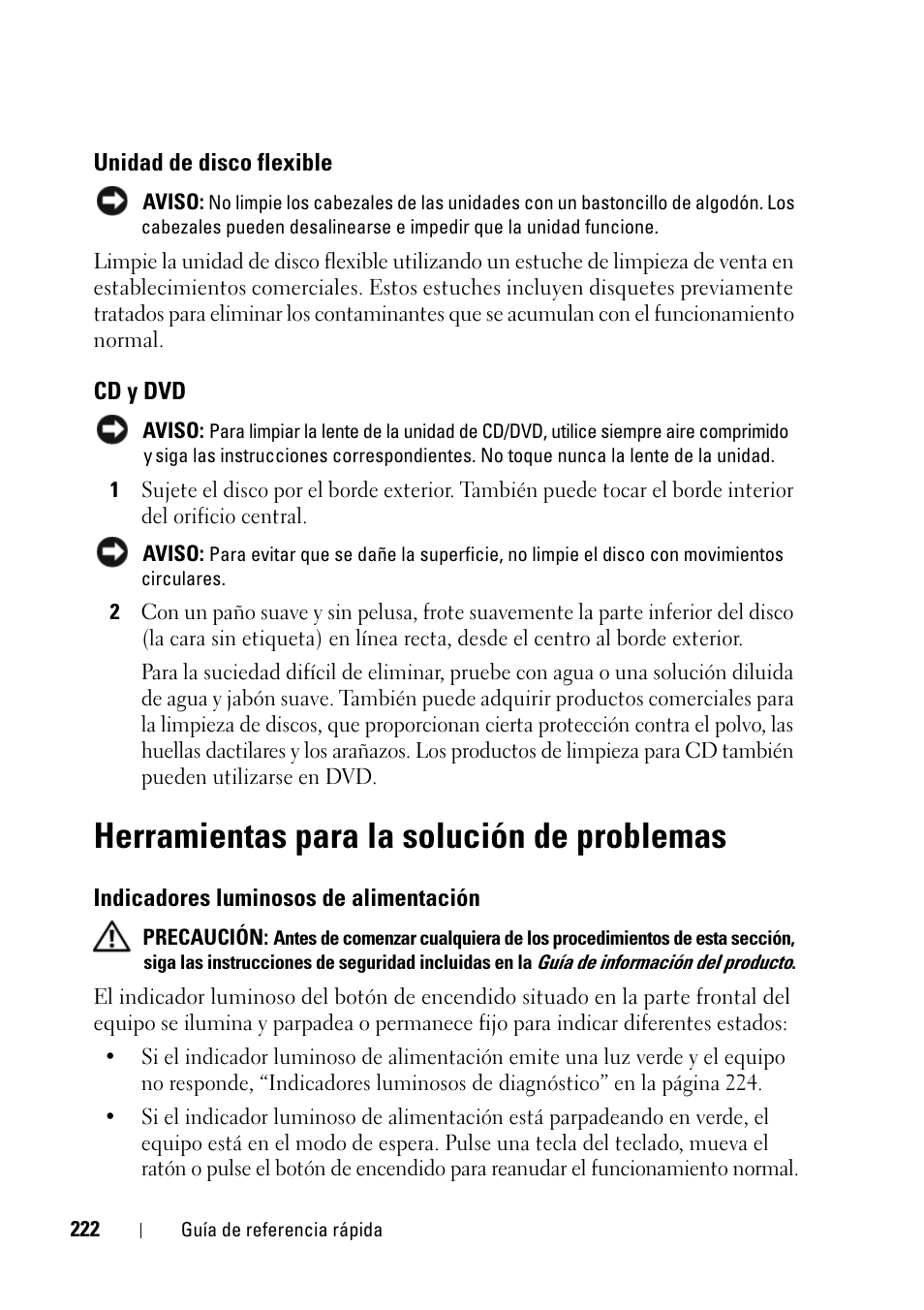 Unidad de disco flexible, Cd y dvd, Herramientas para la solución de problemas | Indicadores luminosos de alimentación | Dell Precision T5400 (Late 2007) User Manual | Page 222 / 258