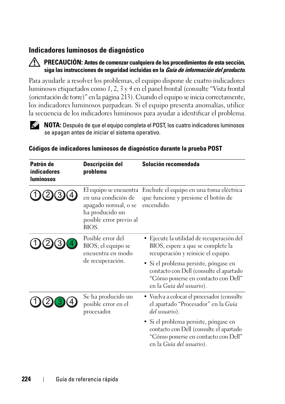 Indicadores luminosos de diagnóstico | Dell Precision T5400 (Late 2007) User Manual | Page 224 / 258
