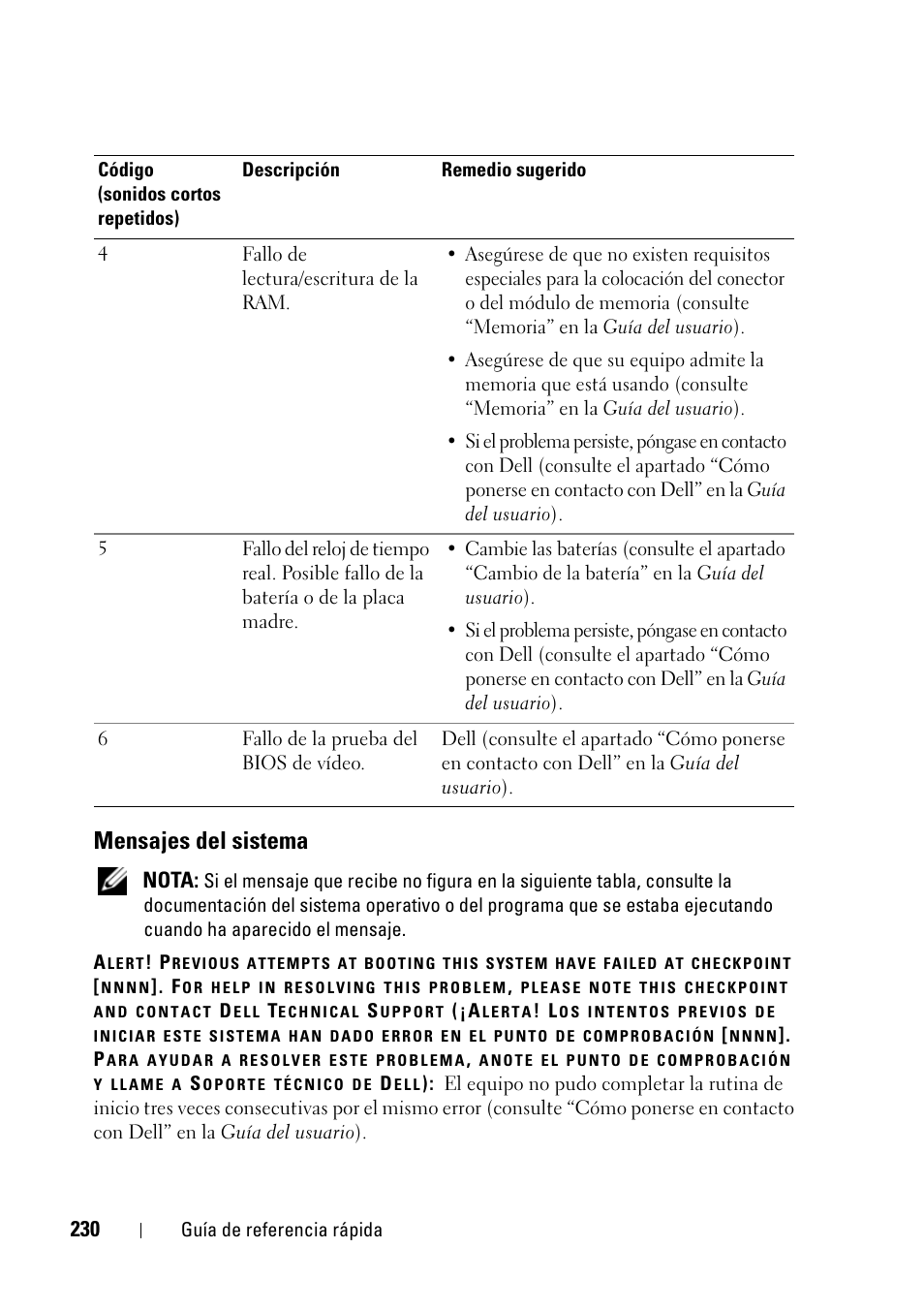 Mensajes del sistema, Nota | Dell Precision T5400 (Late 2007) User Manual | Page 230 / 258