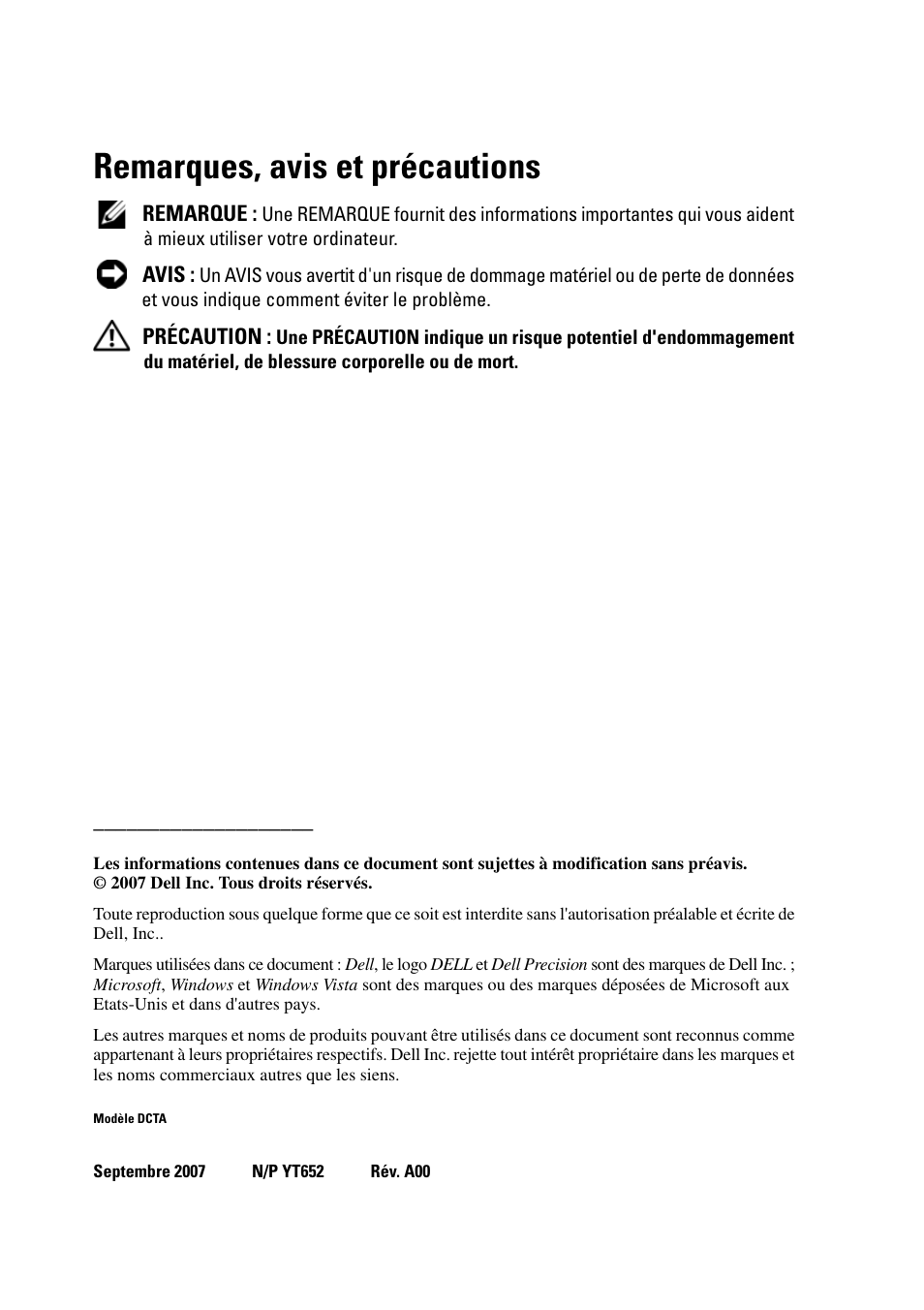 Remarques, avis et précautions | Dell Precision T5400 (Late 2007) User Manual | Page 62 / 258