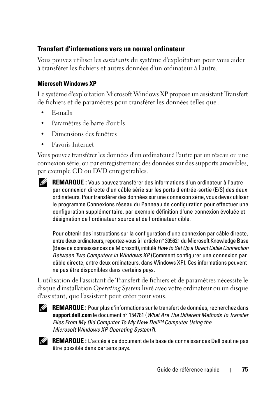 Transfert d'informations vers un nouvel ordinateur | Dell Precision T5400 (Late 2007) User Manual | Page 75 / 258