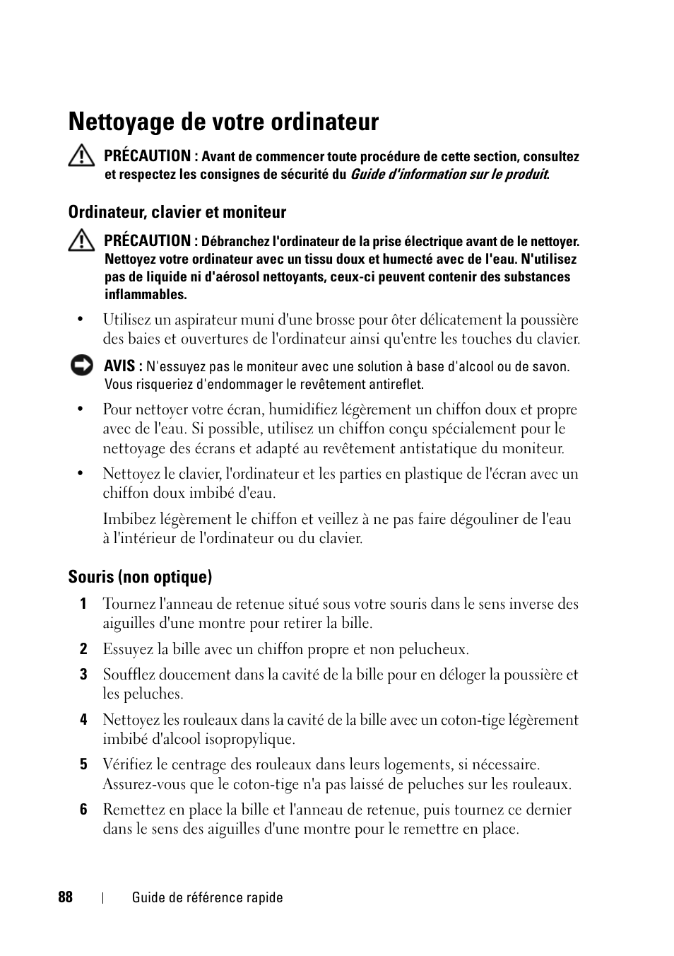 Nettoyage de votre ordinateur, Ordinateur, clavier et moniteur, Souris (non optique) | Dell Precision T5400 (Late 2007) User Manual | Page 88 / 258