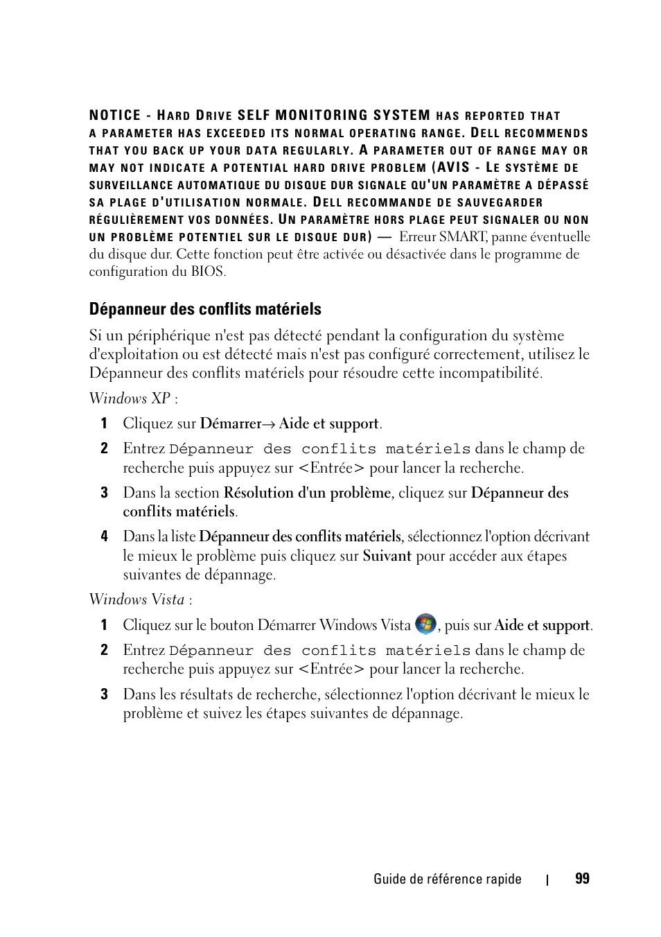 Dépanneur des conflits matériels | Dell Precision T5400 (Late 2007) User Manual | Page 99 / 258