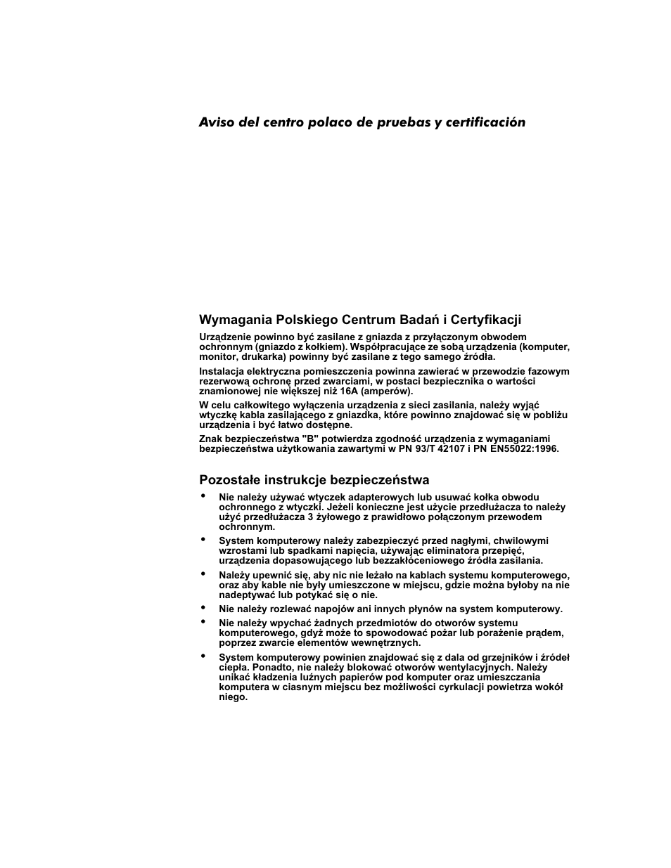 Aviso del centro polaco de pruebas y certificación, Wymagania polskiego centrum badań i certyfikacji, Pozostałe instrukcje bezpieczeństwa | Pozostaše instrukcje bezpieczeòstwa -18 | Dell Inspiron 3800 User Manual | Page 150 / 158