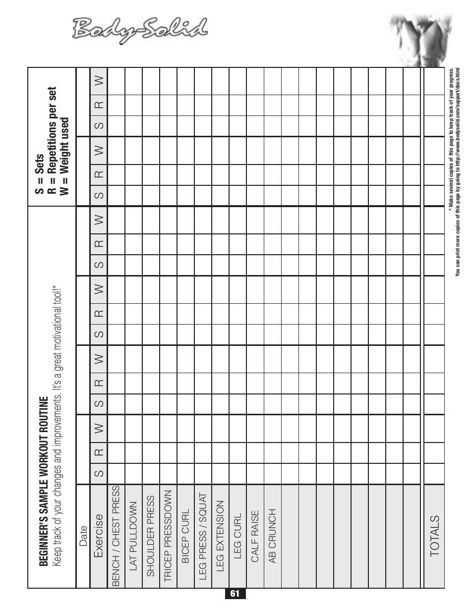 Weight training exercise log | Body Solid G6B User Manual | Page 61 / 90