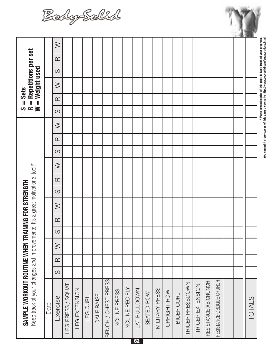 Weight training exercise log | Body Solid G6B User Manual | Page 62 / 90