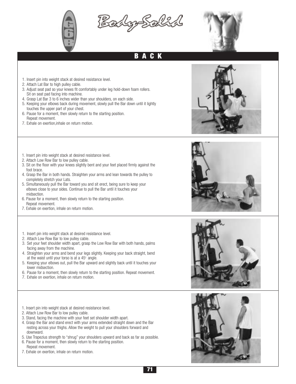 Workout, B a c k, Lat pulldown | Seated row, Shrugs, Bent-over row | Body Solid G6B User Manual | Page 71 / 90
