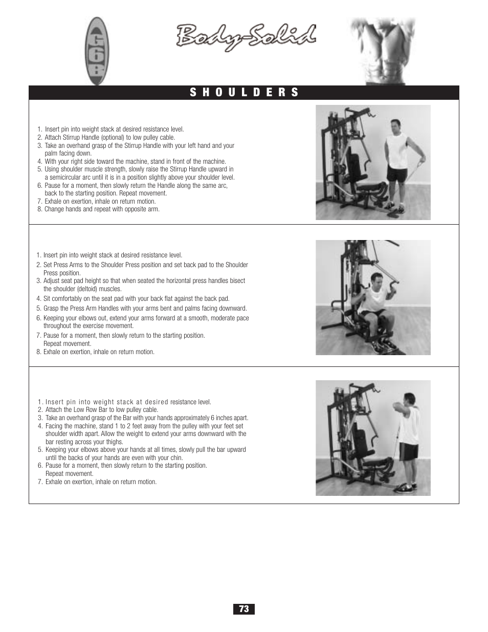 Workout, Deltoid raise, Upright row | Shoulder press | Body Solid G6B User Manual | Page 73 / 90