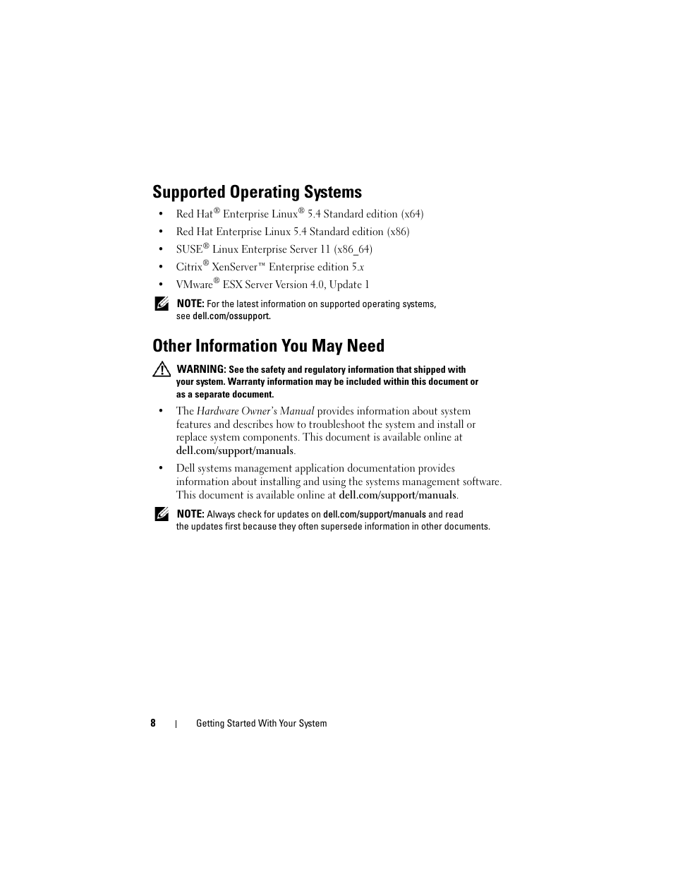 Supported operating systems, Other information you may need | Dell PowerEdge C2100 User Manual | Page 10 / 128